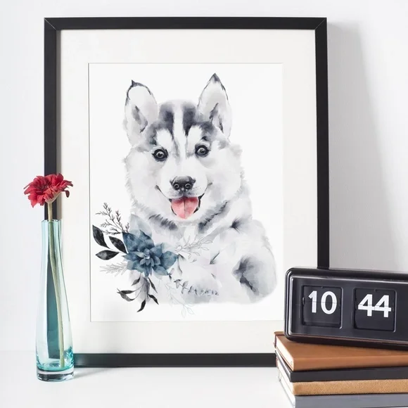 Watercolor Wall Art Husky Puppy Portrait Print Unframed - Picture 4 of 8